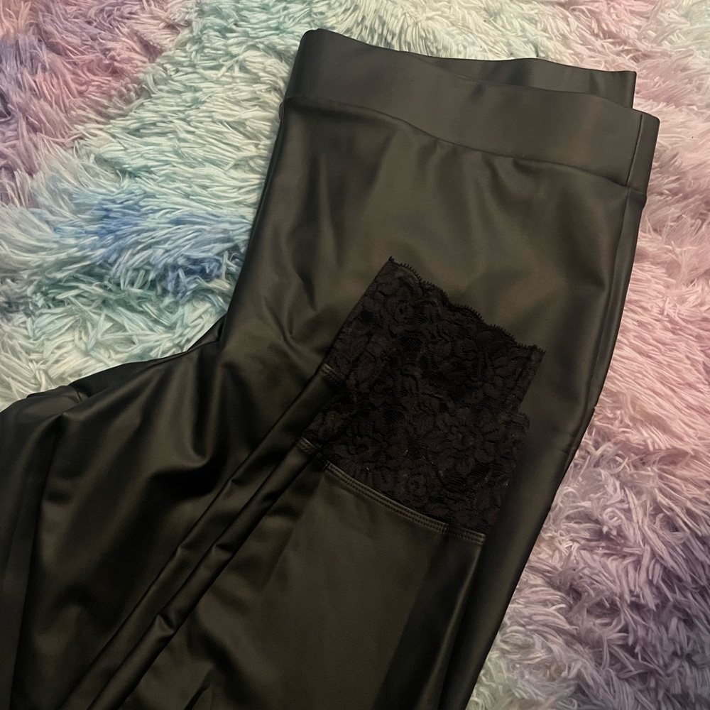 Black Satin Pants with Lace Detail